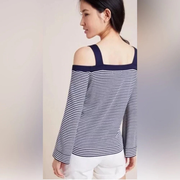 Anthropologie Krissy Striped Cold Shoulder Cardigan Navy - Picture 2 of 8
